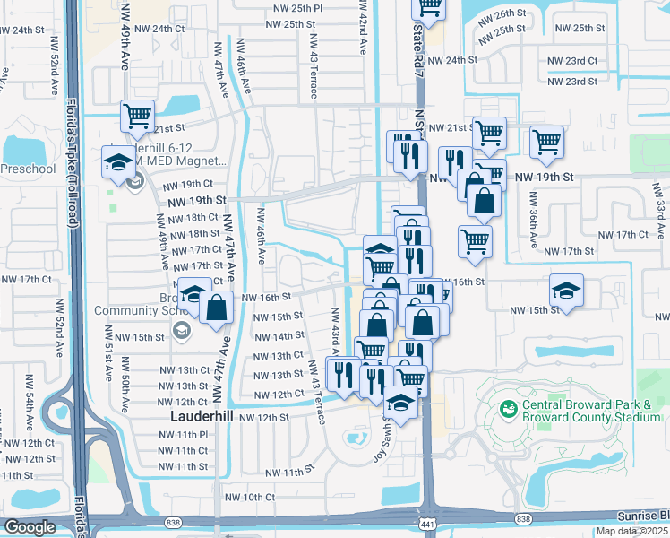 map of restaurants, bars, coffee shops, grocery stores, and more near 4299 Northwest 16th Street in Lauderhill