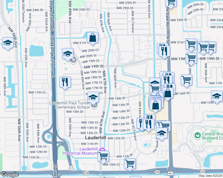 map of restaurants, bars, coffee shops, grocery stores, and more near in Lauderhill