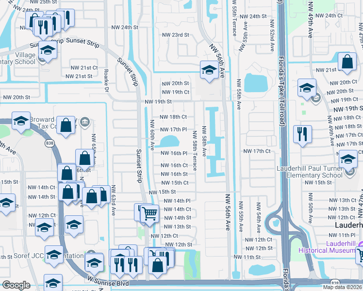 map of restaurants, bars, coffee shops, grocery stores, and more near 5941 Northwest 16th Place in Sunrise