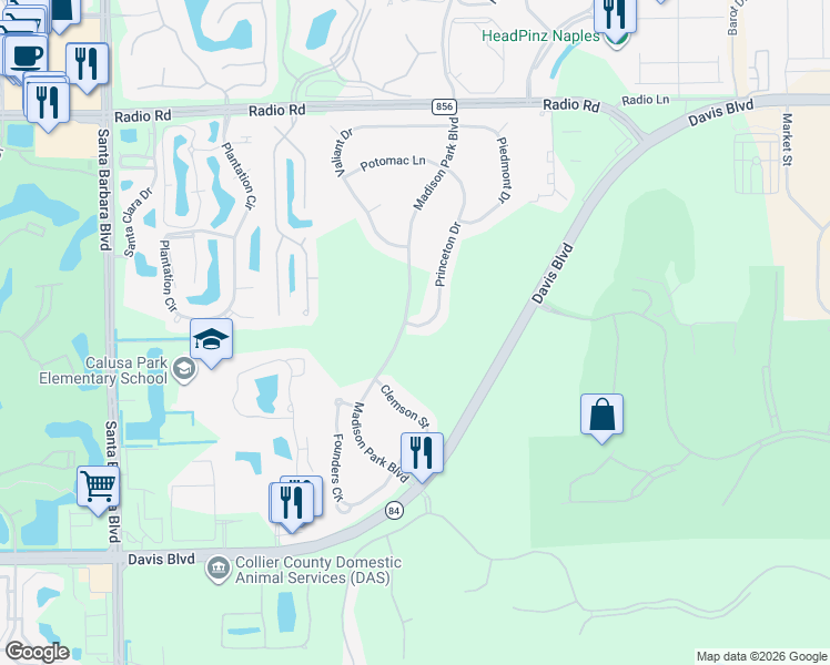 map of restaurants, bars, coffee shops, grocery stores, and more near 7936 Princeton Drive in Naples