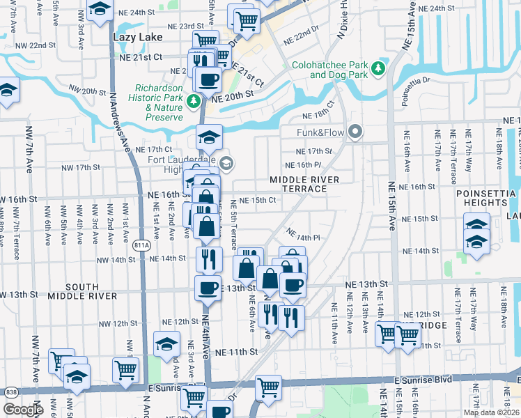 map of restaurants, bars, coffee shops, grocery stores, and more near 616 Northeast 15th Street in Fort Lauderdale