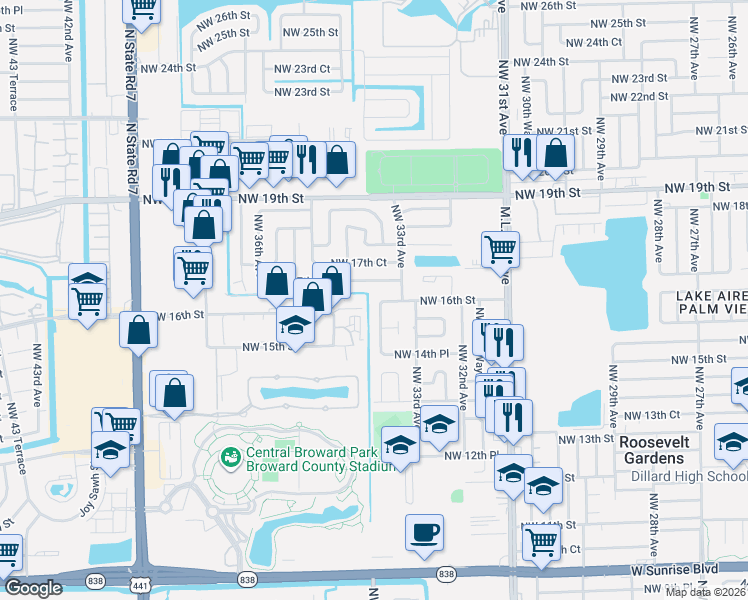 map of restaurants, bars, coffee shops, grocery stores, and more near 1648 Northwest 34th Terrace in Lauderhill