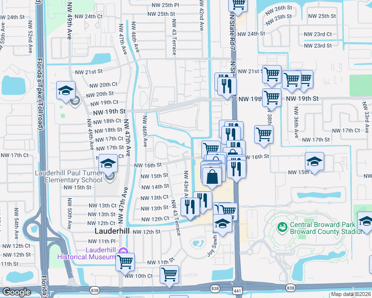 map of restaurants, bars, coffee shops, grocery stores, and more near 4299 Northwest 16th Street in Lauderhill