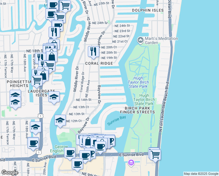 map of restaurants, bars, coffee shops, grocery stores, and more near 2727 Northeast 15th Street in Fort Lauderdale