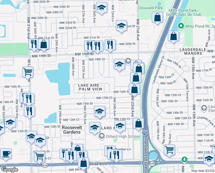 map of restaurants, bars, coffee shops, grocery stores, and more near 1631 Northwest 24th Terrace in Fort Lauderdale