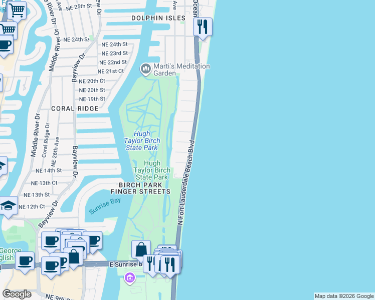 map of restaurants, bars, coffee shops, grocery stores, and more near 1427 Florida A1A in Fort Lauderdale