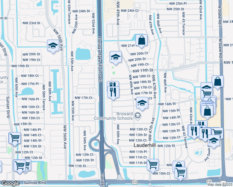 map of restaurants, bars, coffee shops, grocery stores, and more near 5000 Northwest 17th Street in Lauderhill