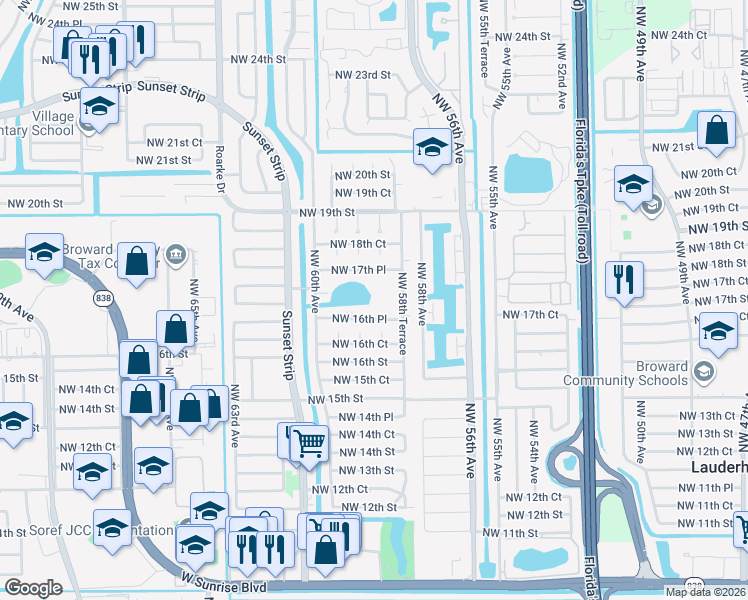 map of restaurants, bars, coffee shops, grocery stores, and more near 5941 Northwest 16th Place in Sunrise