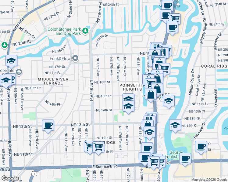 map of restaurants, bars, coffee shops, grocery stores, and more near 1505 Northeast 17th Terrace in Fort Lauderdale