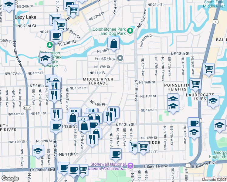 map of restaurants, bars, coffee shops, grocery stores, and more near 1036 Northeast 15th Street in Fort Lauderdale