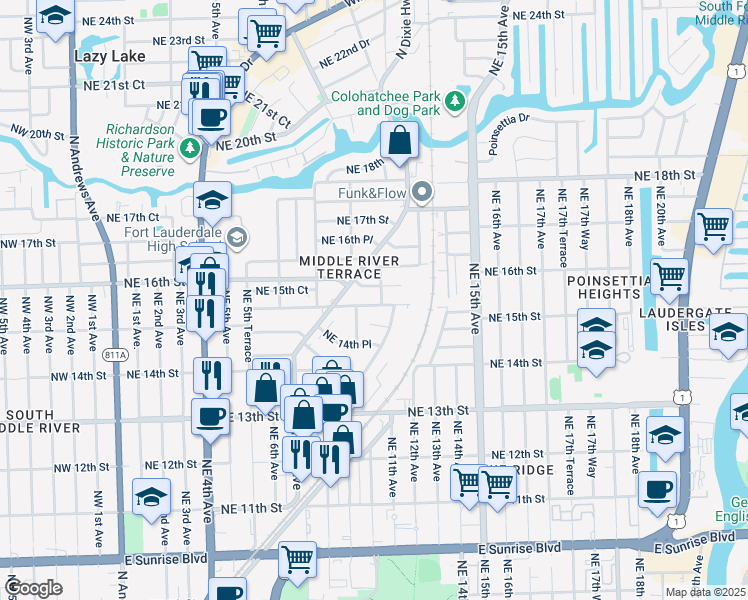 map of restaurants, bars, coffee shops, grocery stores, and more near 1036 Northeast 15th Street in Fort Lauderdale