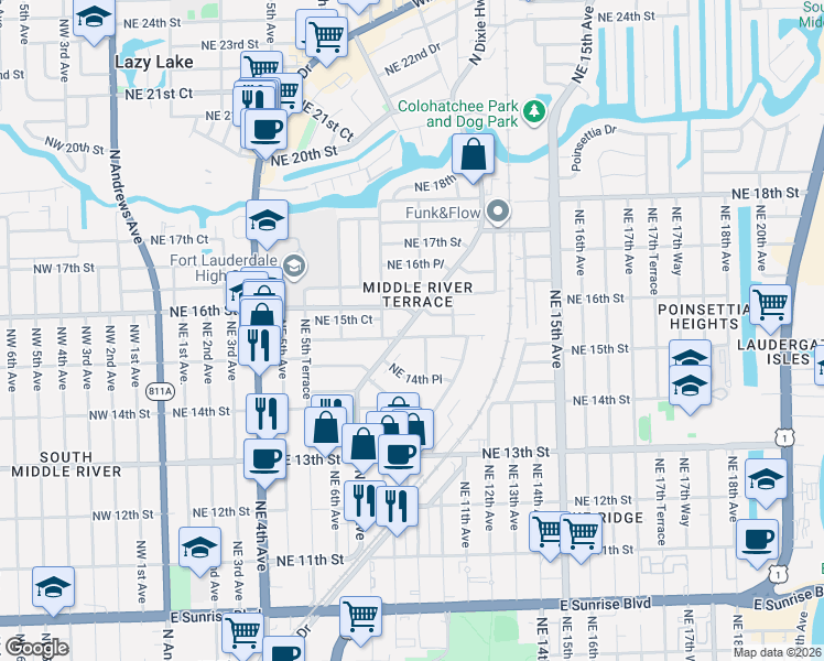 map of restaurants, bars, coffee shops, grocery stores, and more near 990 Northeast 15th Street in Fort Lauderdale