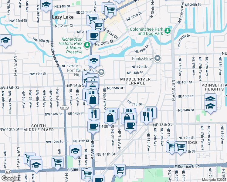 map of restaurants, bars, coffee shops, grocery stores, and more near 616 Northeast 15th Street in Fort Lauderdale