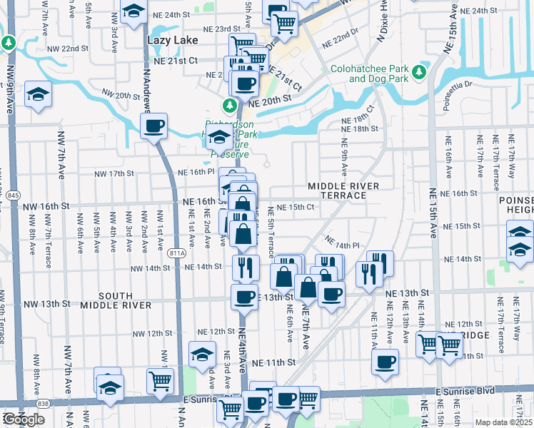 map of restaurants, bars, coffee shops, grocery stores, and more near 1513 Northeast 5th Terrace in Fort Lauderdale