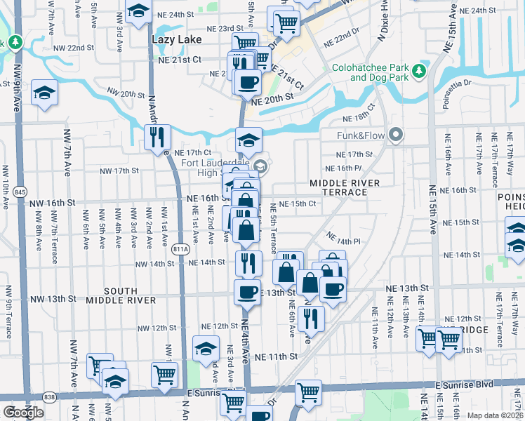 map of restaurants, bars, coffee shops, grocery stores, and more near 1513 Northeast 5th Terrace in Fort Lauderdale