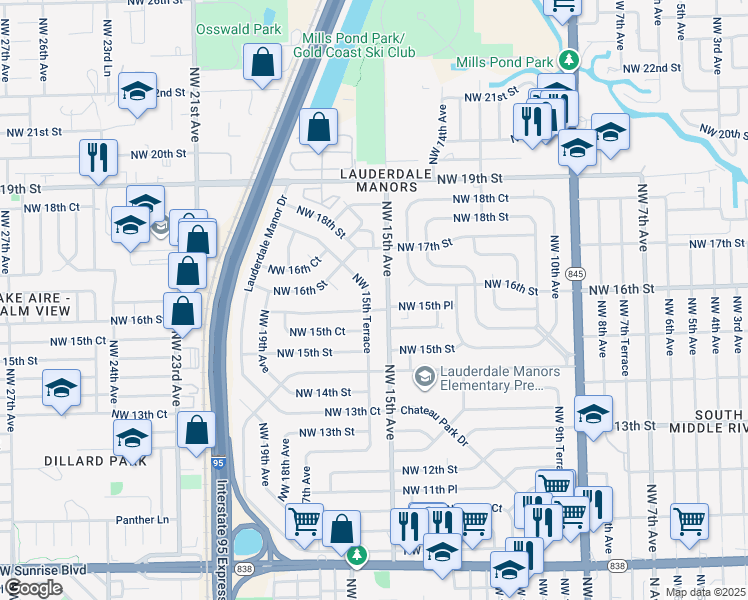 map of restaurants, bars, coffee shops, grocery stores, and more near 1540 Northwest 15th Terrace in Fort Lauderdale