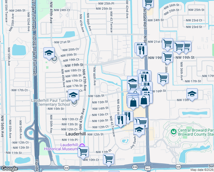 map of restaurants, bars, coffee shops, grocery stores, and more near 4331 Northwest 16th Street in Lauderhill