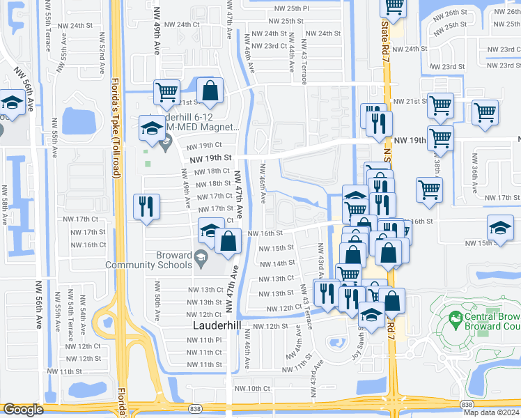 map of restaurants, bars, coffee shops, grocery stores, and more near 1631 Northwest 46th Avenue in Lauderhill