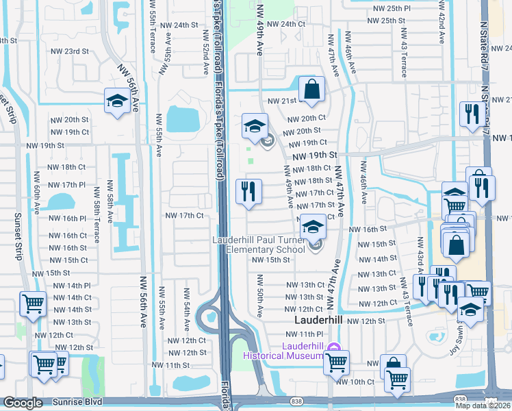 map of restaurants, bars, coffee shops, grocery stores, and more near 5000 Northwest 17th Street in Lauderhill