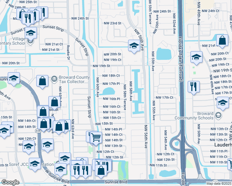 map of restaurants, bars, coffee shops, grocery stores, and more near 5941 Northwest 16th Place in Sunrise