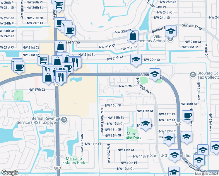 map of restaurants, bars, coffee shops, grocery stores, and more near 7502 Northwest 17th Street in Plantation