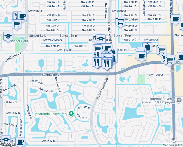 map of restaurants, bars, coffee shops, grocery stores, and more near 1772 Northwest 91st Avenue in Plantation