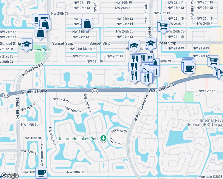 map of restaurants, bars, coffee shops, grocery stores, and more near 9285 Northwest 18th Street in Plantation