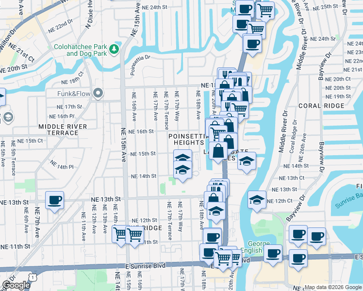 map of restaurants, bars, coffee shops, grocery stores, and more near 1755 Northeast 15th Street in Fort Lauderdale