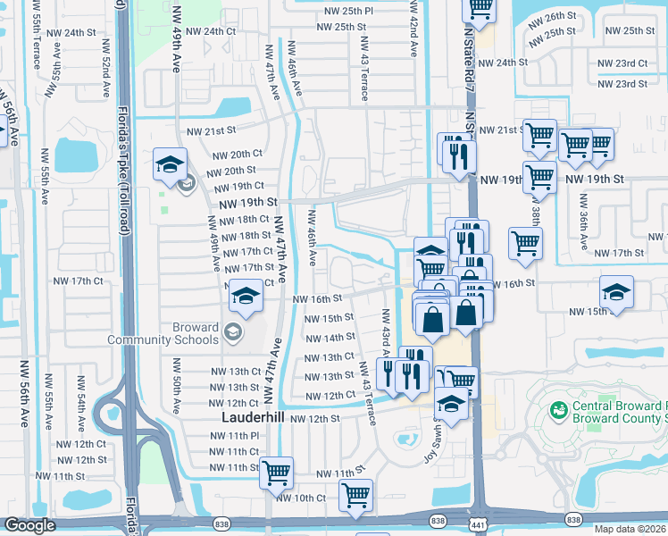 map of restaurants, bars, coffee shops, grocery stores, and more near 4431 Northwest 16th Street in Lauderhill