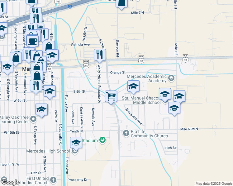 map of restaurants, bars, coffee shops, grocery stores, and more near 701-733 East 5th Street in Mercedes