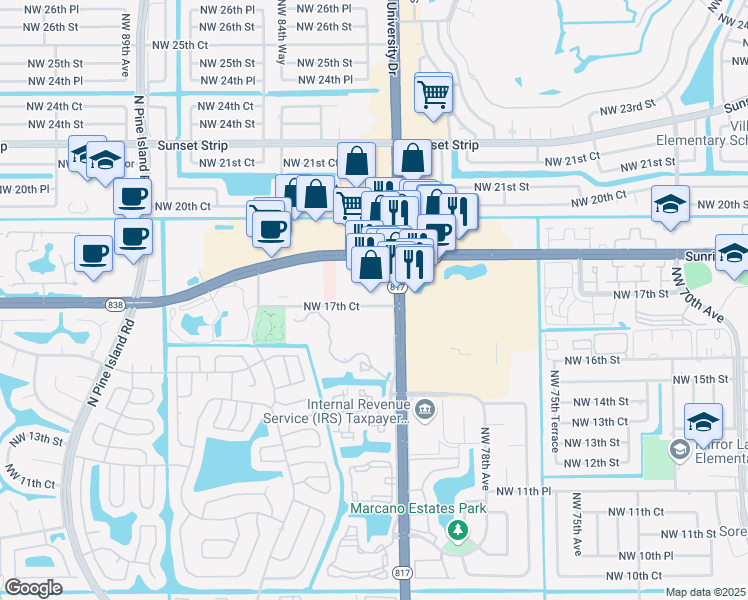 map of restaurants, bars, coffee shops, grocery stores, and more near 8072 Northwest 17th Court in Plantation