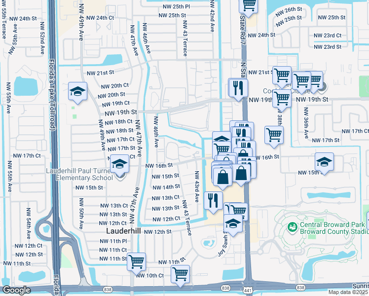 map of restaurants, bars, coffee shops, grocery stores, and more near 4331 Northwest 16th Street in Lauderhill