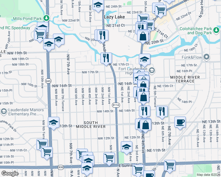 map of restaurants, bars, coffee shops, grocery stores, and more near 1521 North Andrews Avenue in Fort Lauderdale