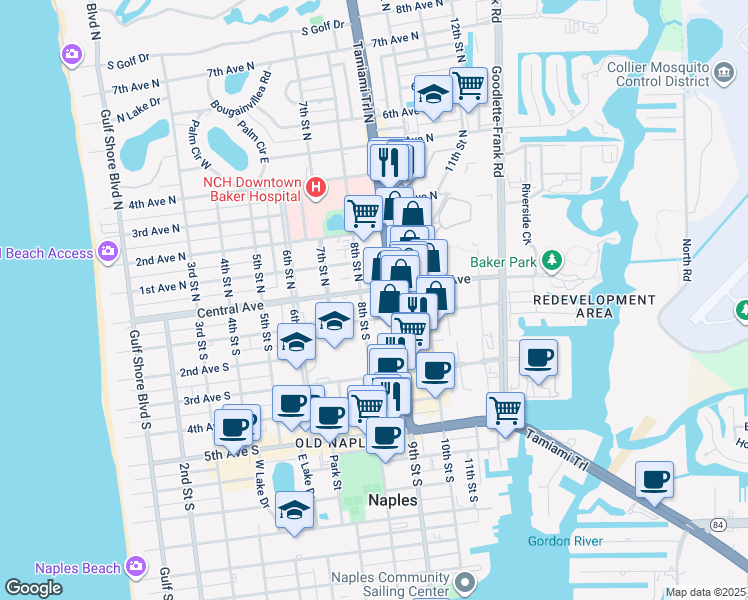 map of restaurants, bars, coffee shops, grocery stores, and more near 850 Central Avenue in Naples