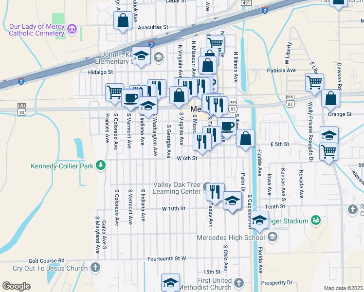 map of restaurants, bars, coffee shops, grocery stores, and more near 1104 West 5th Street in Mercedes