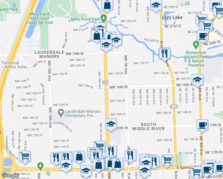 map of restaurants, bars, coffee shops, grocery stores, and more near 1528 Northwest 9th Avenue in Fort Lauderdale