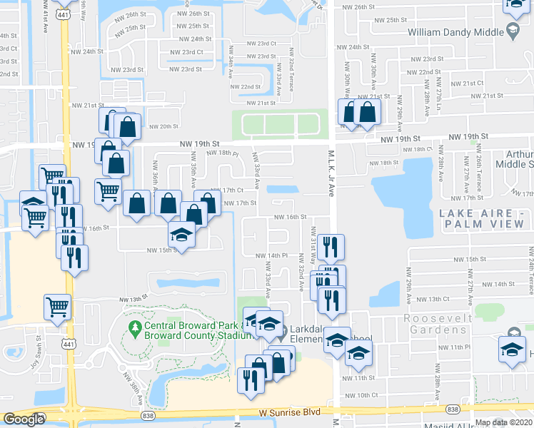 map of restaurants, bars, coffee shops, grocery stores, and more near 3320 Northwest 16th Street in Fort Lauderdale