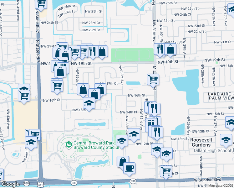 map of restaurants, bars, coffee shops, grocery stores, and more near 3320 Northwest 16th Street in Fort Lauderdale