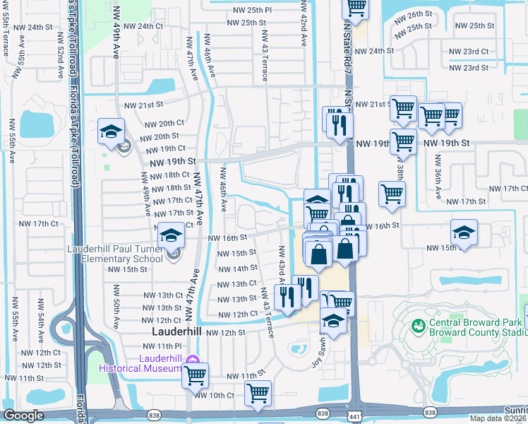 map of restaurants, bars, coffee shops, grocery stores, and more near 4331 Northwest 16th Street in Lauderhill