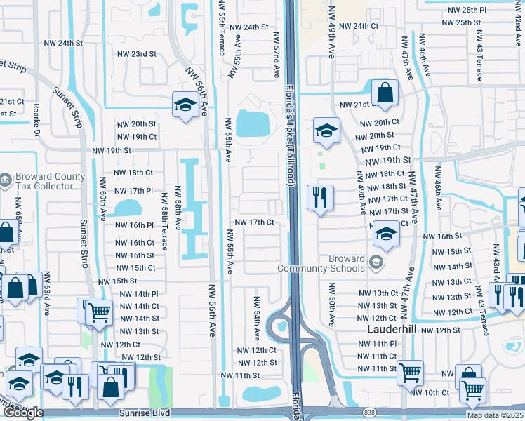 map of restaurants, bars, coffee shops, grocery stores, and more near 5325 Northwest 17th Court in Lauderhill