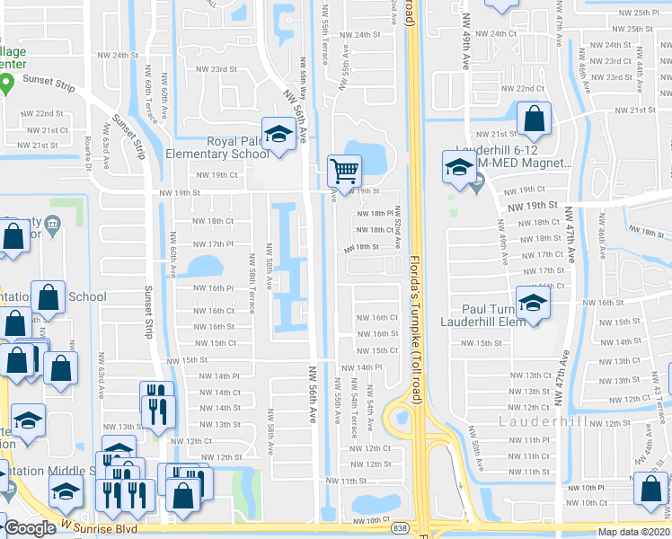 map of restaurants, bars, coffee shops, grocery stores, and more near 1740 Northwest 55th Avenue in Lauderhill