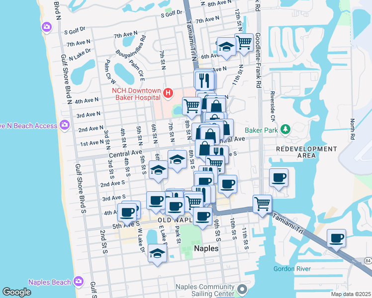 map of restaurants, bars, coffee shops, grocery stores, and more near 72 7th Street South in Naples