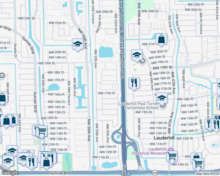 map of restaurants, bars, coffee shops, grocery stores, and more near 5325 Northwest 17th Court in Lauderhill