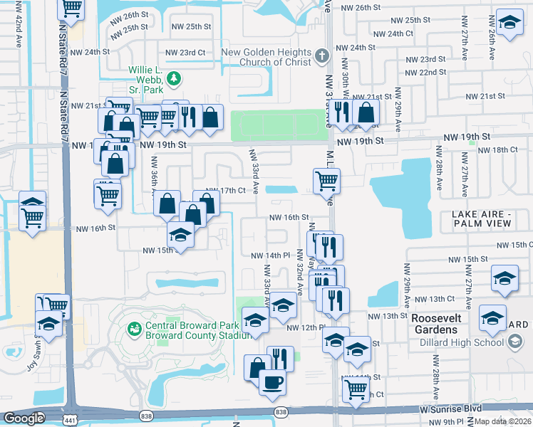 map of restaurants, bars, coffee shops, grocery stores, and more near 3320 Northwest 16th Street in Fort Lauderdale