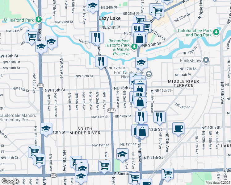 map of restaurants, bars, coffee shops, grocery stores, and more near 1520 Northeast 1st Avenue in Fort Lauderdale