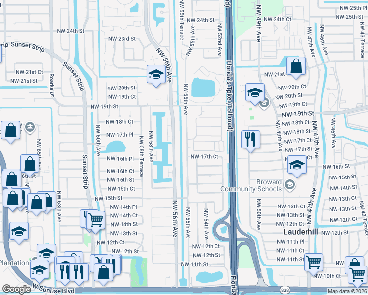 map of restaurants, bars, coffee shops, grocery stores, and more near 1740 Northwest 55th Avenue in Lauderhill