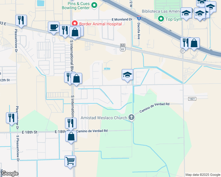 map of restaurants, bars, coffee shops, grocery stores, and more near 3820 Camino Real Viejo Road in Weslaco