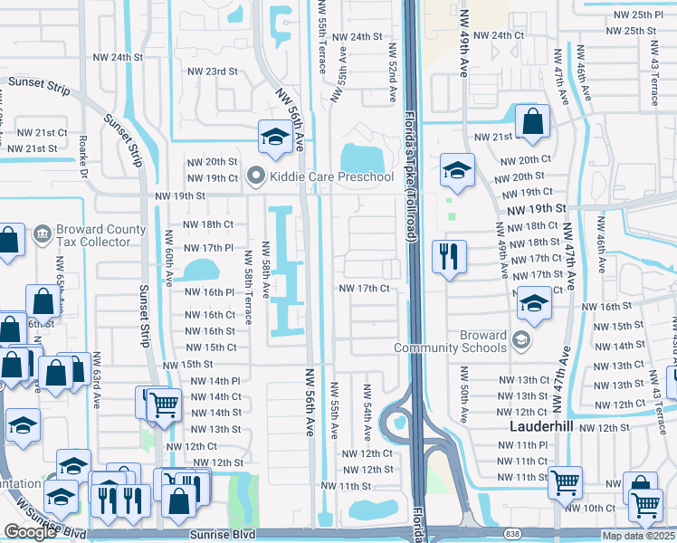 map of restaurants, bars, coffee shops, grocery stores, and more near 1740 Northwest 55th Avenue in Lauderhill