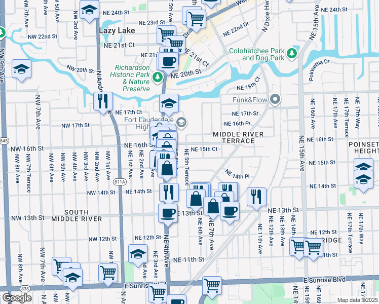 map of restaurants, bars, coffee shops, grocery stores, and more near 1513 Northeast 5th Terrace in Fort Lauderdale