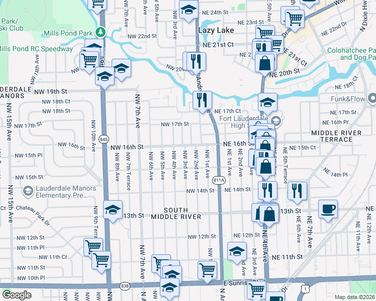 map of restaurants, bars, coffee shops, grocery stores, and more near 1525 Northwest 2nd Avenue in Fort Lauderdale
